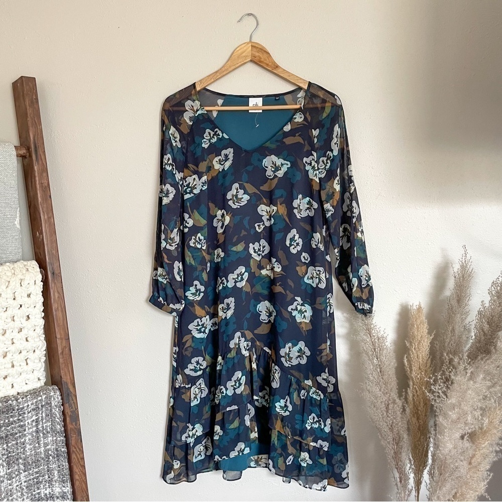 CAbi |โ Floral Blue & Tan Sheath Dress, medium - Picture 3 of 10